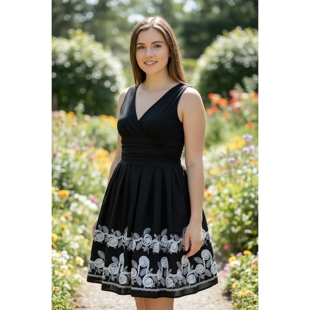 Dress Barn Collections Dress Womens Size 16 Black Fitâ & Flare V-Neck embroidery